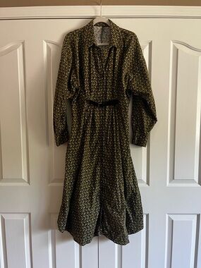 Anthropologie Olive Green Printed Long-Sleeve Shirt Dress
